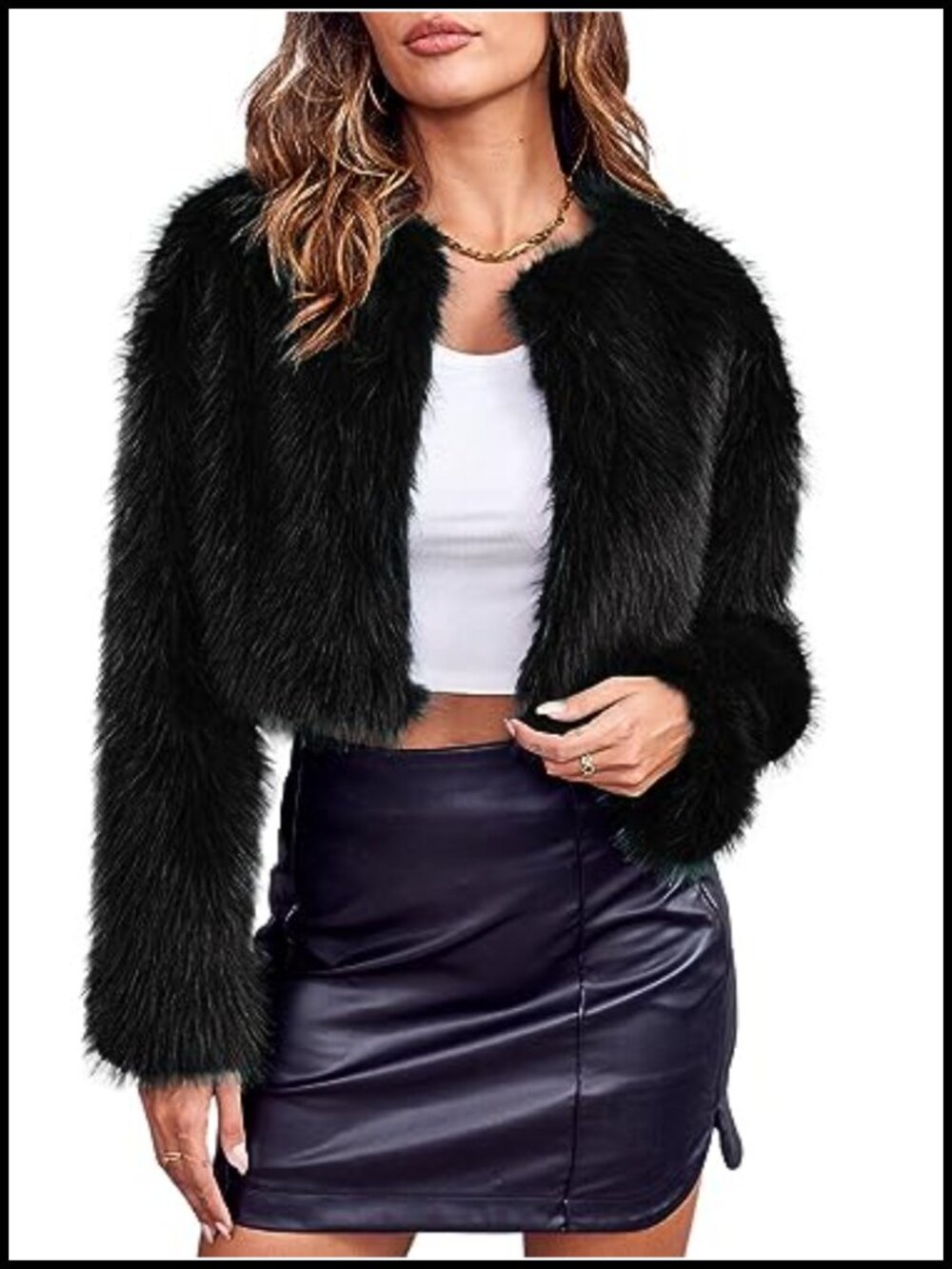 Womens Cropped Faux Fur Jacket Long Sleeve Fluffy Shaggy Short Coat Open Front